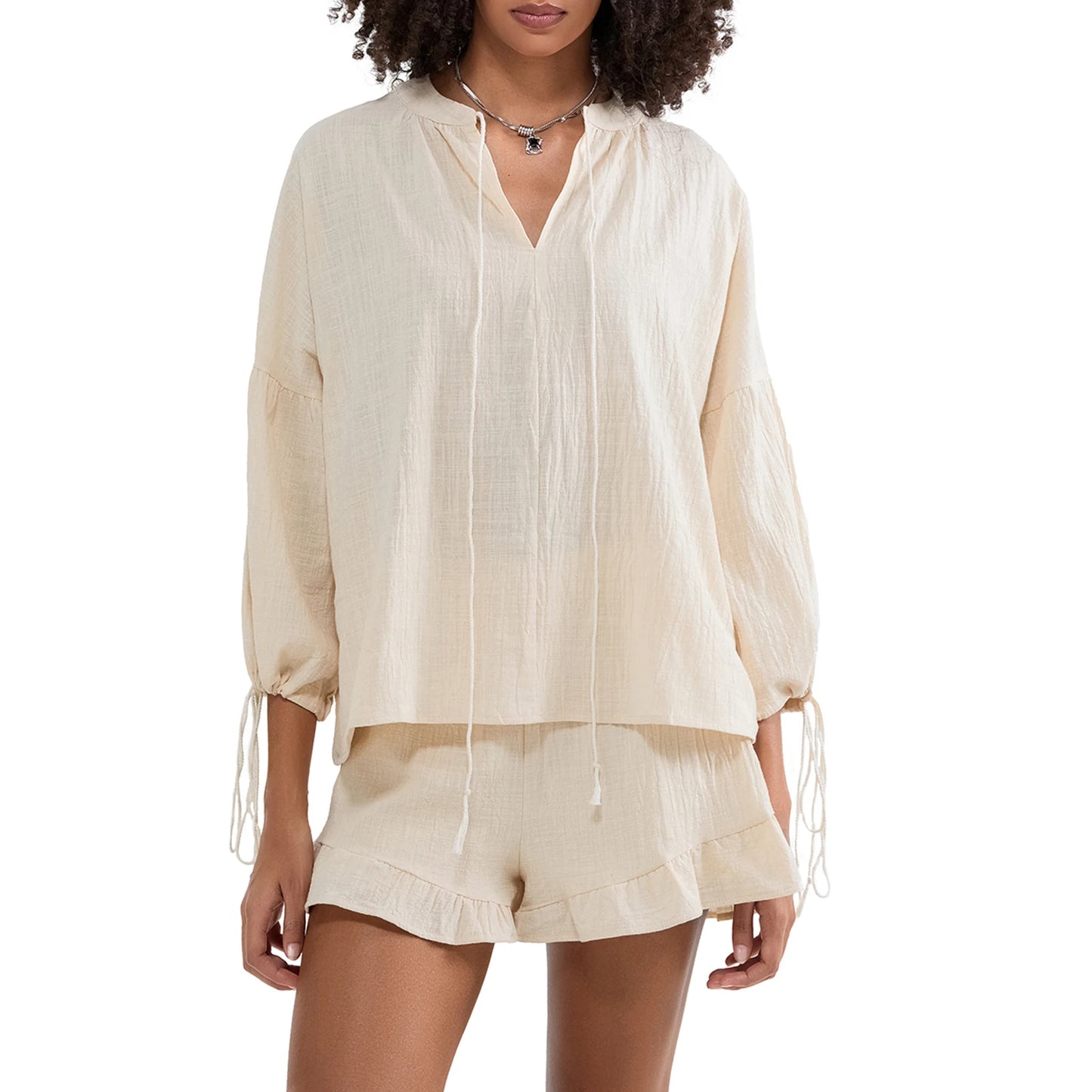 Casual Women s Summer Outfit Stylish Long Sleeve V-Neck Top with Tie-Up Detail and Elastic Waist Shorts Set for a Chic Look
