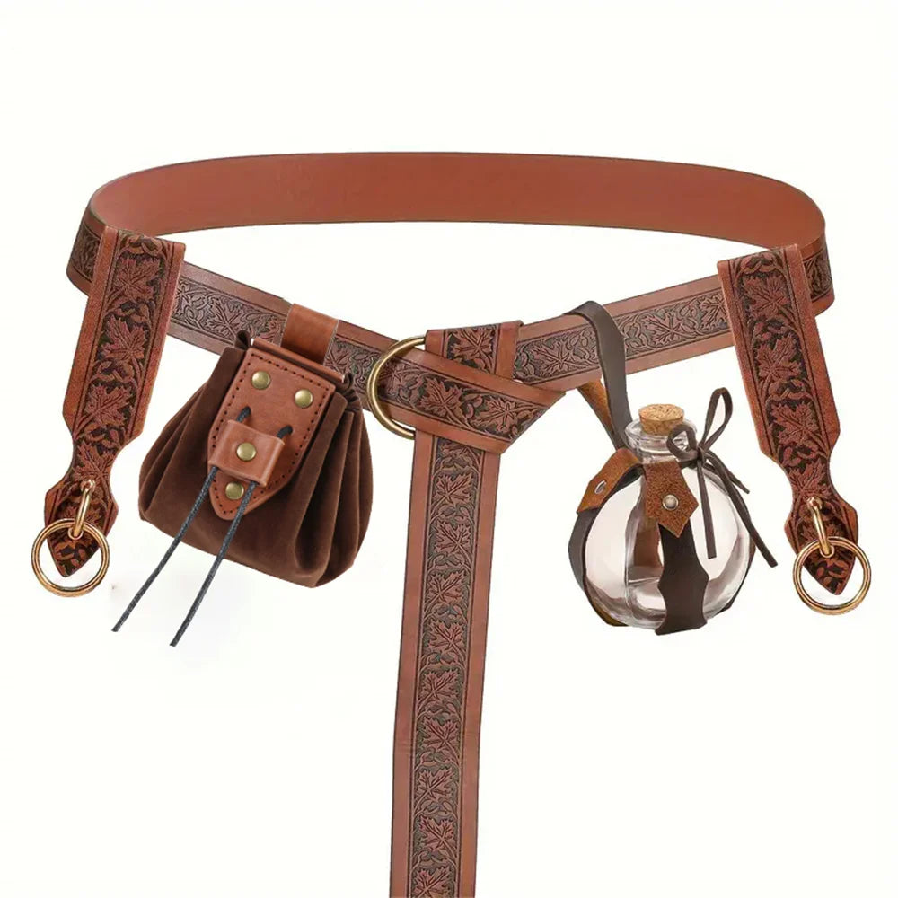 6PCS Medieval belt leaf embossed retro leather belt with potion glass magic bottle Viking knight