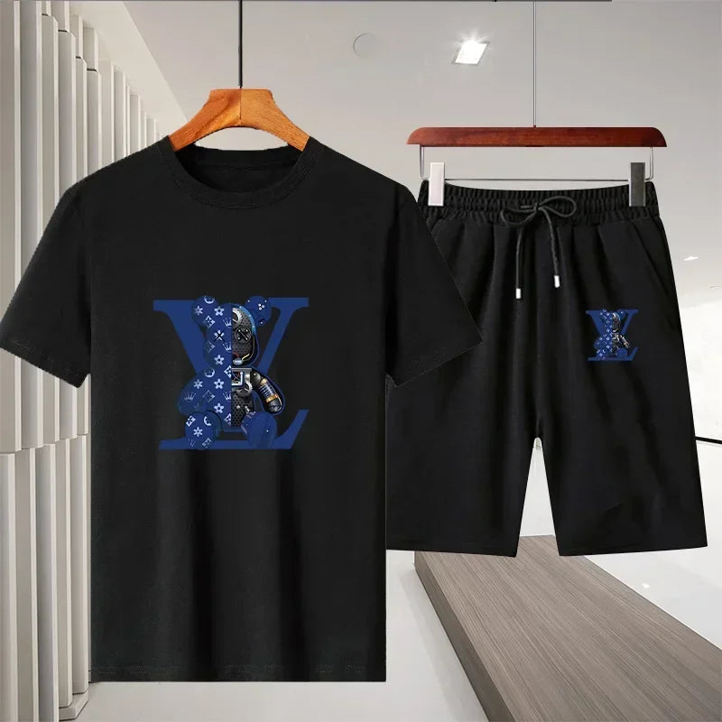 Men's short-sleeved T-shirt sportswear set, summer casual outdoor fashion men's round-neck top + Shorts 2-piece set