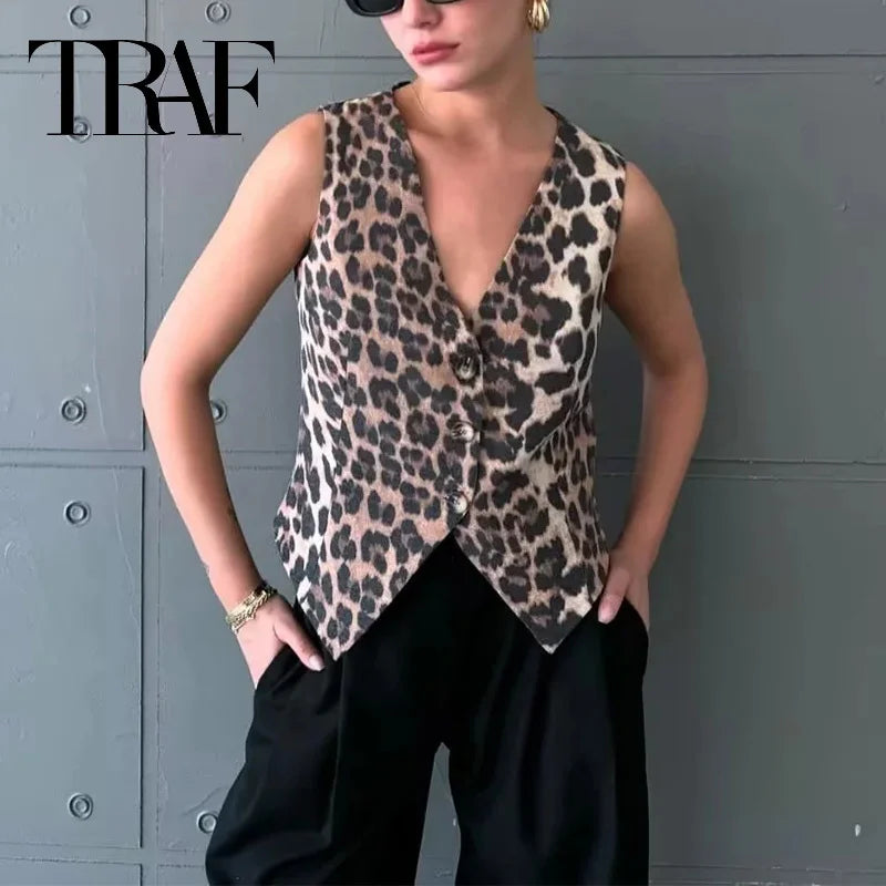 Leopard Print Vests for Women Waistcoat Cropped Sleeveless Vest Woman Fashion Short Women Streetwear