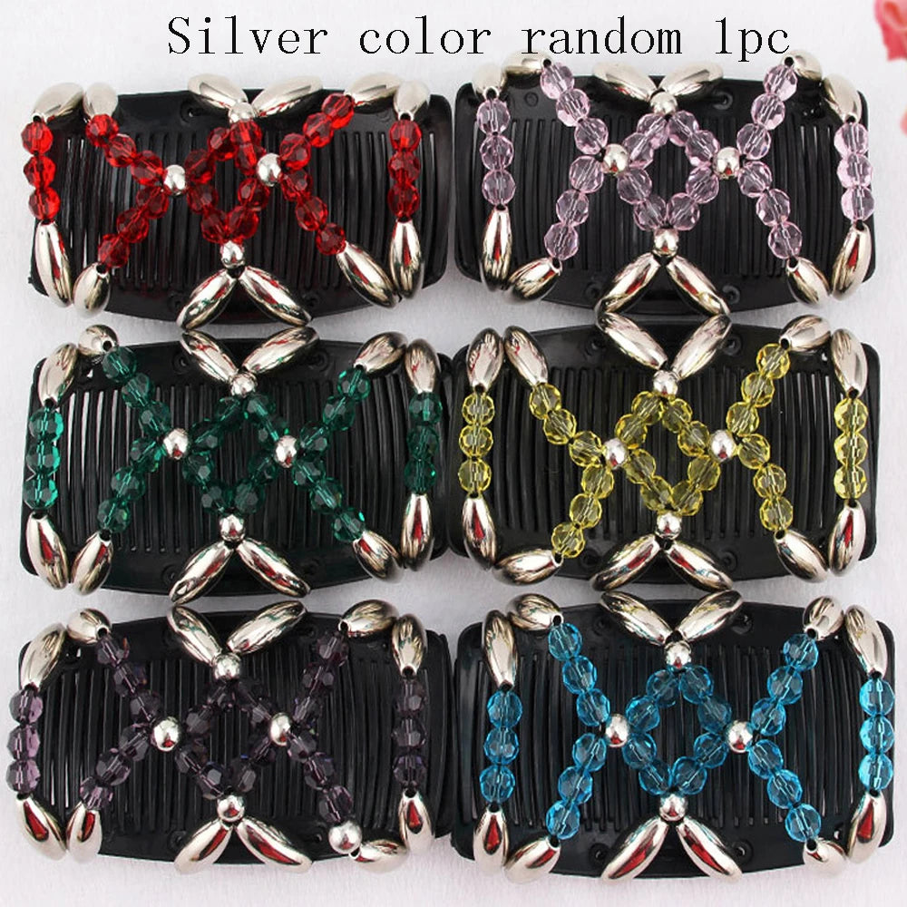Beads Hair Combs Shiny Rhinestone Beaded Hair Claws Magic Tuck Comb Updo Accessories Elastic Headwear Bun Ponytail Holder
