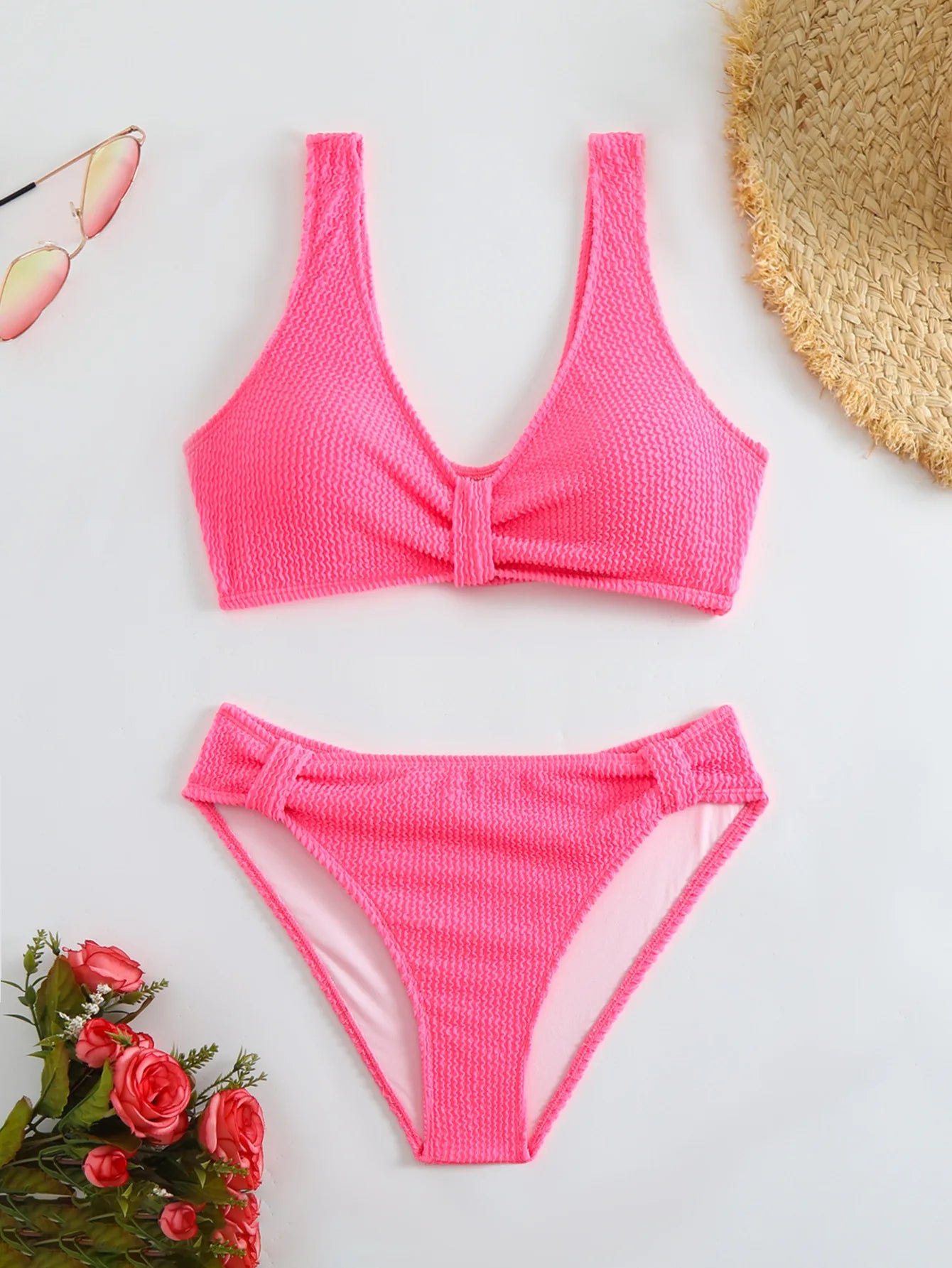 Summer Women's 2 Piece Swimsuit Solid Color High Waist Bikini Set V-neck Backless Beach Vacation Bathing Suit Swimwear