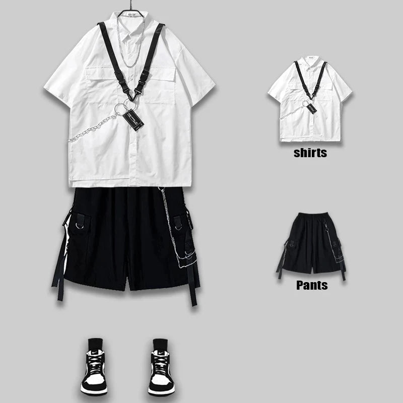 ARENS Techwear Goth Gothic Clothing Men's Shirt Short Sleeve Male Shirt Punk Rave Men's Shorts Set Streetwear Hip Hop Hippie
