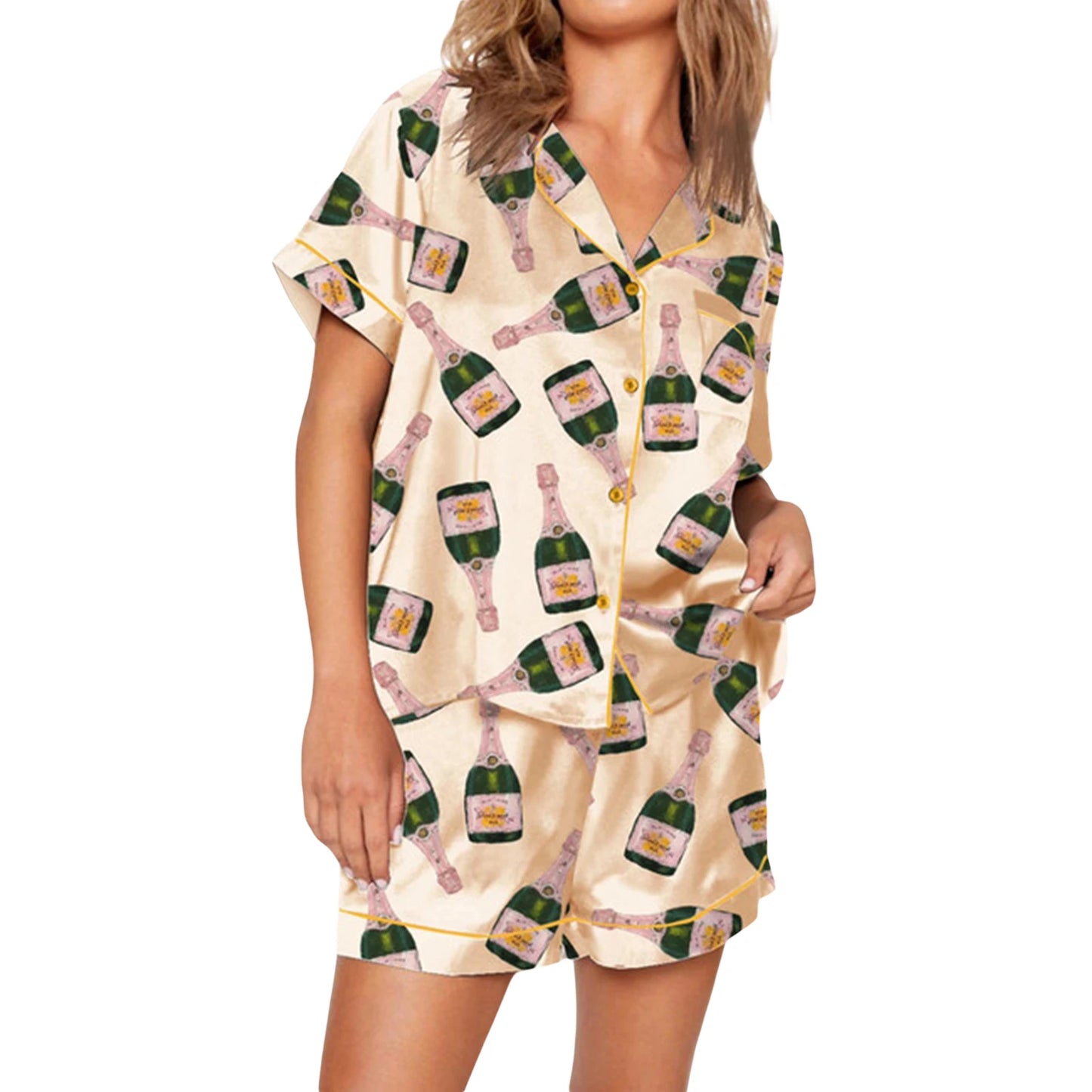 Women s 2 Piece Pajama Set V-Neck Short Sleeve Button Down Tops Drawstring Waist Shorts Sleepwear