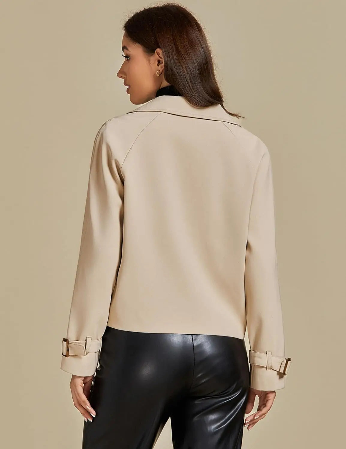 Cropped Trench Coat for Women Long Sleeve Double Breasted Notched Lapel Casual Loose Fit Jackets with Pockets