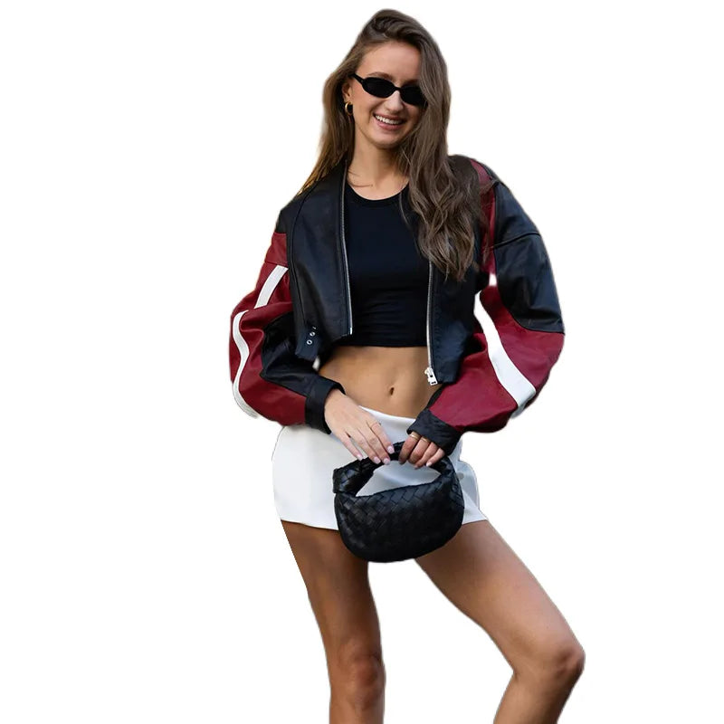 Leather Color blocking Short Jacket Women's Biker Long Sleeve Zipper Waistless Jacket