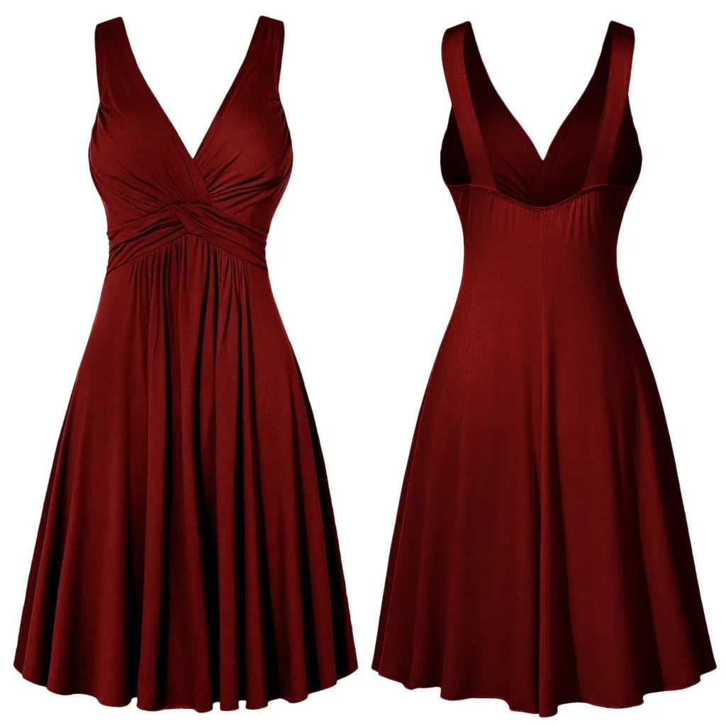 Women Solid Color Deep V-Neck Lady Retro Backless Sling Pleated Dress Wide Band Strap  Flare Skirt