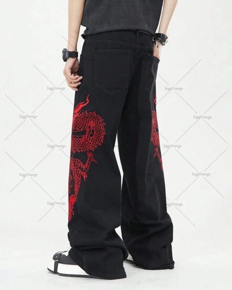 American Retro Oriental Dragon Design Fashionable Loose Jeans  Street Hip-hop Casual Straight Wide-leg Pants Women