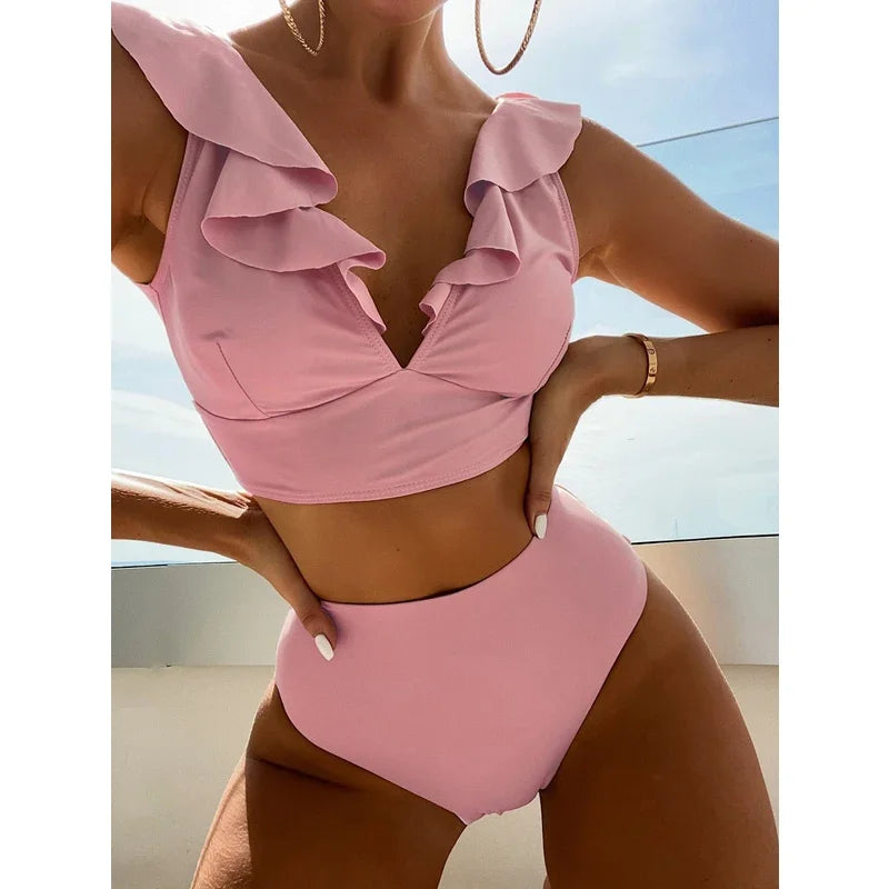 Solid Color  V-neck Ruffle Bikini  Women 2 Piece Swimwear Push Up Padded High Waist Swimsuit