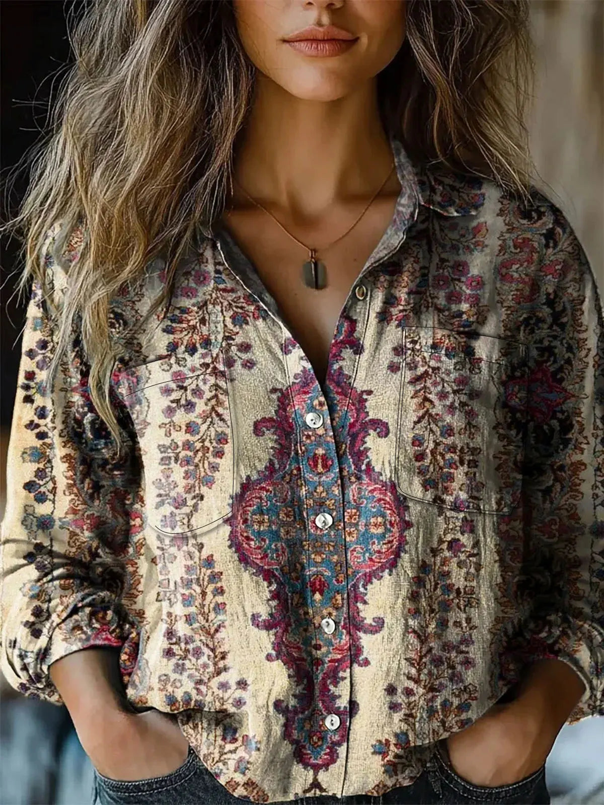 European Style  Women Long Sleeve Basic Shirts New Casual Beach Tops Blouse Ladies Bohemian Flower Print shirt