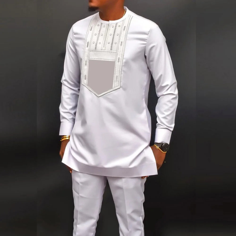Men's  Wedding 2-Piece Suit Waist Pants Shirt Solid Color Panel Long Sleeve Party African Ethnic Style Clothing