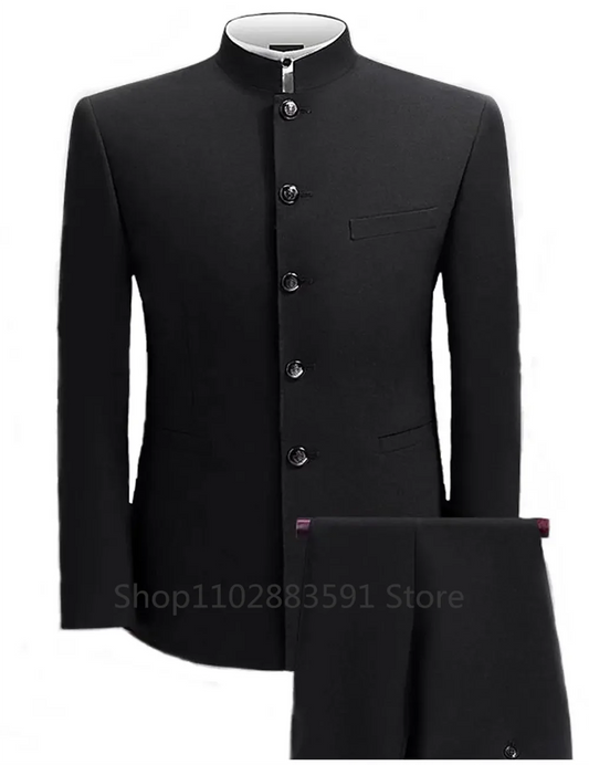 Formal Men's Business 2 Pieces Blazer + Pants Stand Lapel Men's Jacket Flat Suit Slim Fit Coat Groomsmen Party