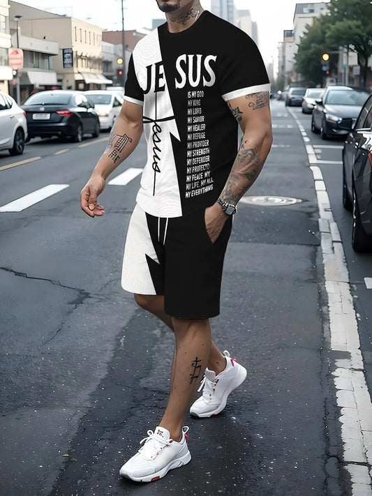 Summer men's short-sleeved T-shirt + shorts set, casual sportswear breathable outdoor casual men's T-shirt set for summer