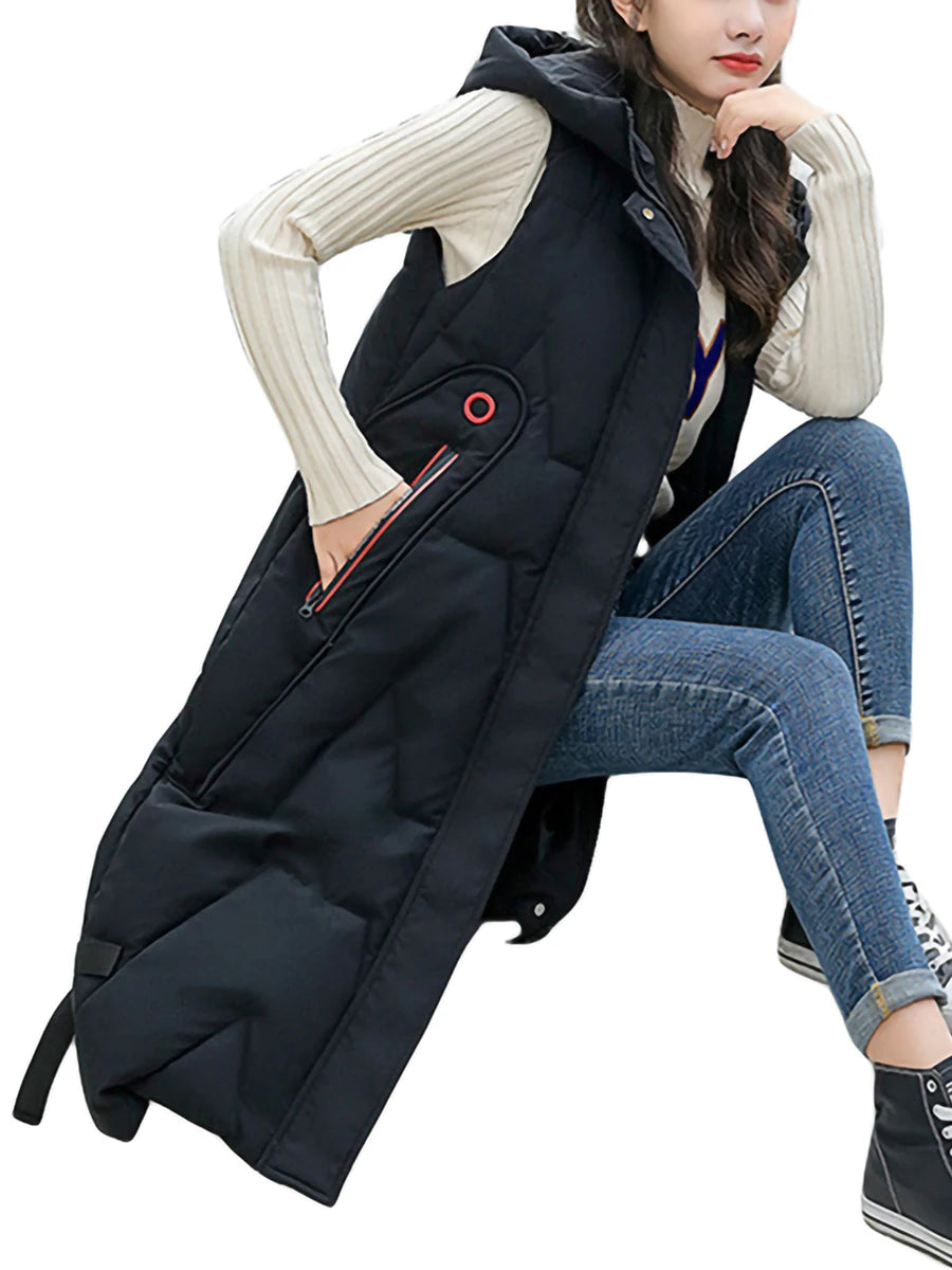 Quilted Puffer Vest with Hood Mid-Length Sleeveless Winter Waistcoat Zipper Closure Lightweight Down Coat