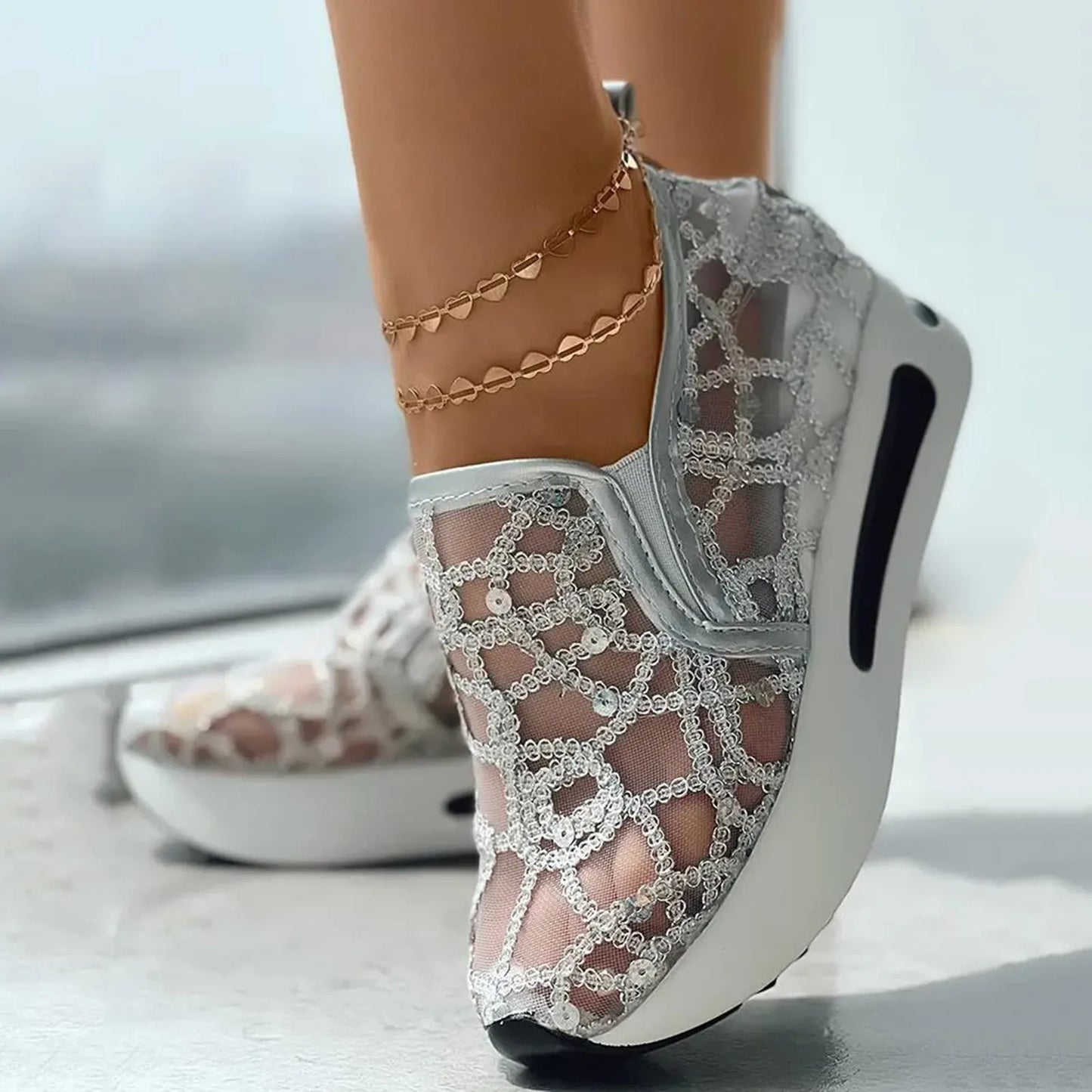 Ladies Breathable Knitted Mesh Sneakers Women's Tennis Shoes Pointed Flat Bottomed Single Shoes Female Sneakers