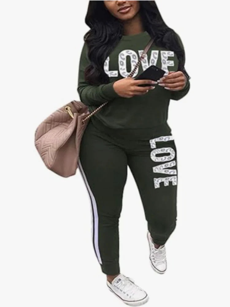 Women Two Piece  Round Neck Pullover Top with Long Pants Casual Outfit