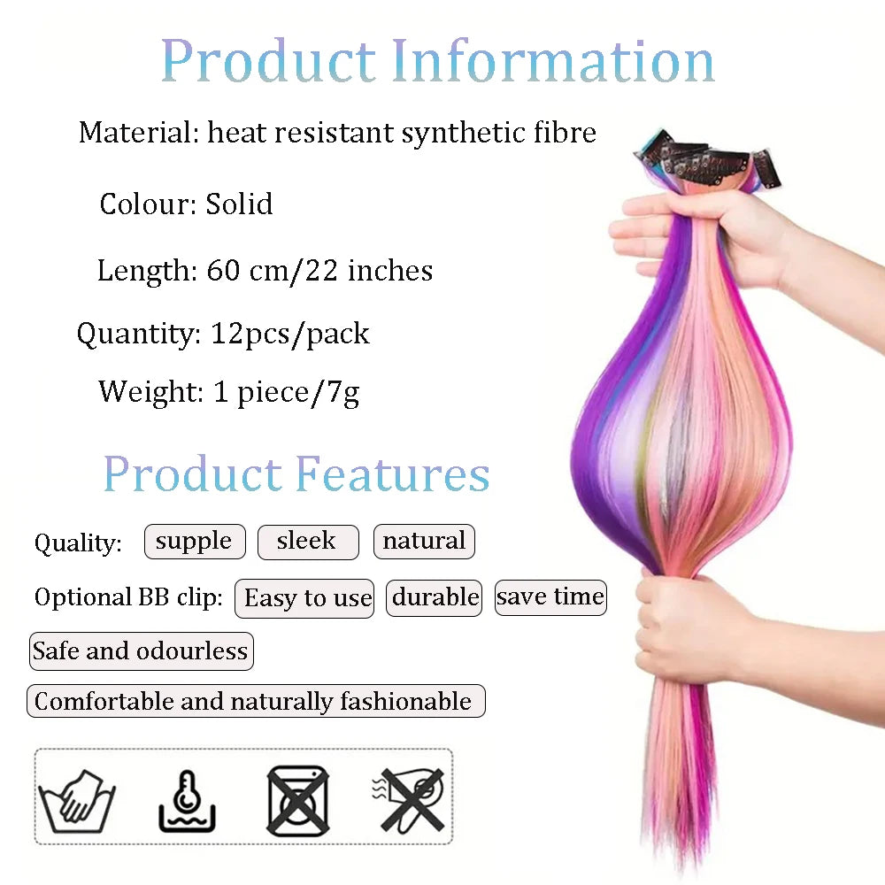 22 inches12pcs/pack Colored Party Synthetic Clip in Hair Extensions  Multi-colors Straight Hair Synthetic Hairpieces