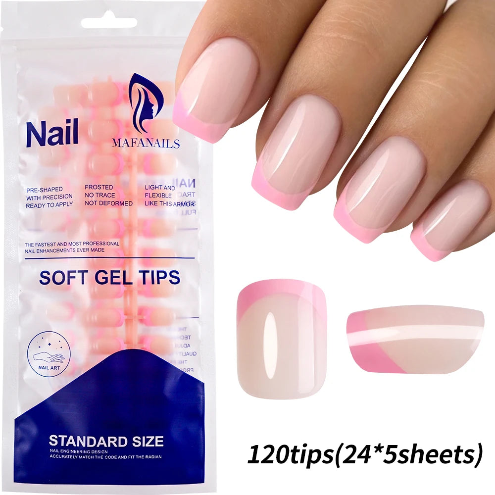 120pcs Pink French Tip Press-On Nails Medium Length Square Shape With Glossy Finish False Nails Full Cover Pre-Shaped Fake Nails