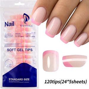 120pcs Pink French Tip Press-On Nails Medium Length Square Shape With Glossy Finish False Nails Full Cover Pre-Shaped Fake Nails