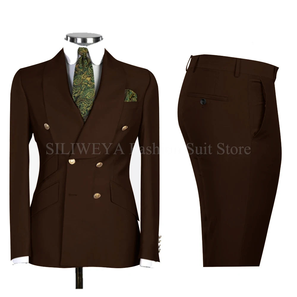 Gold Men Business Casual Men's Suits Jacket Pants Set Male Blazer Coat Pants 2PCS Slim Fit Suits