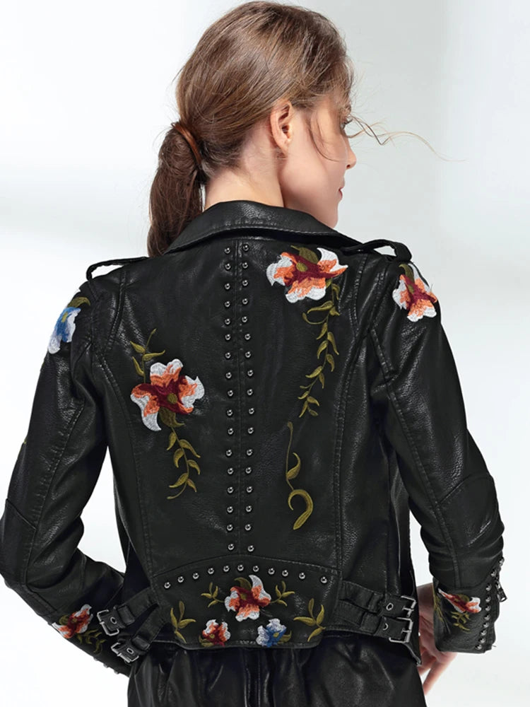 Floral Print Embroidery Faux Soft Leather Jacket Turn-down Collar Casual Pu