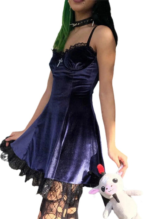 Velvet  Dress with Ruffles and Lace Trim  Spaghetti Strap V-Neck Gown with Bow Detail