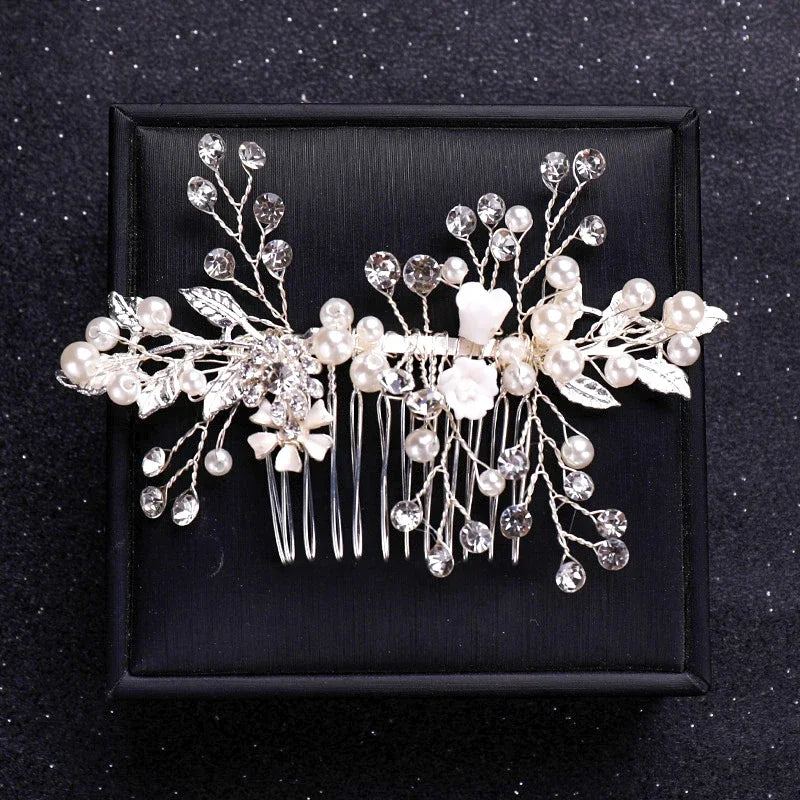 Handmade Silver Crystal Flower Hair Comb Pearl Rhinestone Flower Hair Combs For Women  Hair Jewelry Wedding Hair Accessorie