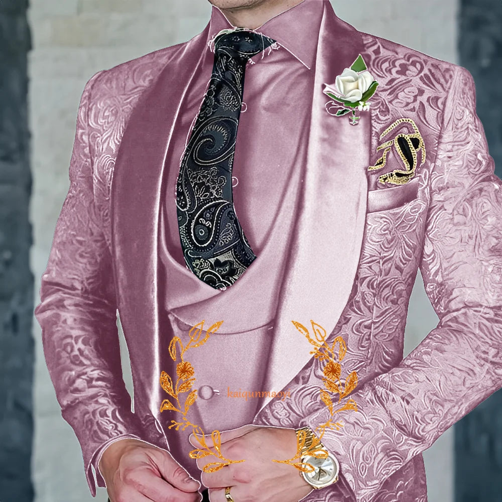 Jacquard Elegant Men's 3 Piece Suit Set Wedding Groom Tuxedo Jacket Pants Vest Formal Party Dress