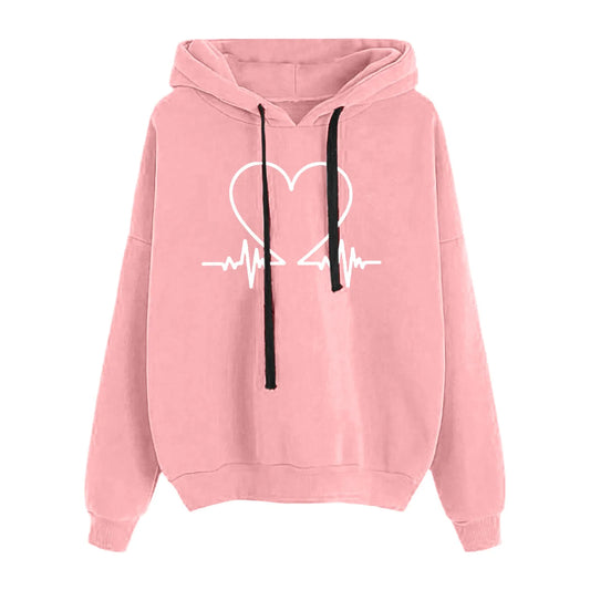 Heart Print Hoodies Sweatshirt  Oversize Solid Color Loose Casual Pullovers