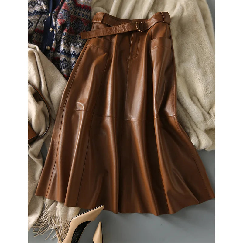 Vintage Brown High Waist A-Line  Leather Skirt with Belts