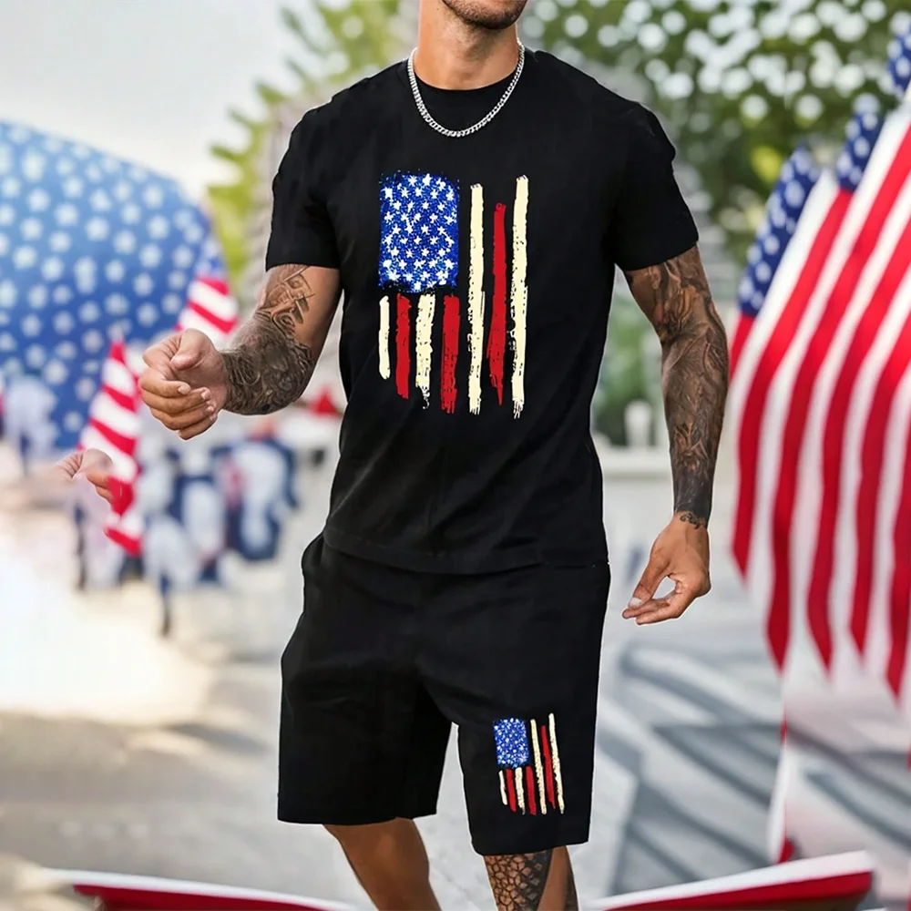 Men's Outdoor  Print Shorts 2Pcs Sets  3D Print Two Piece Suit O-neck T shirt Fashion Male