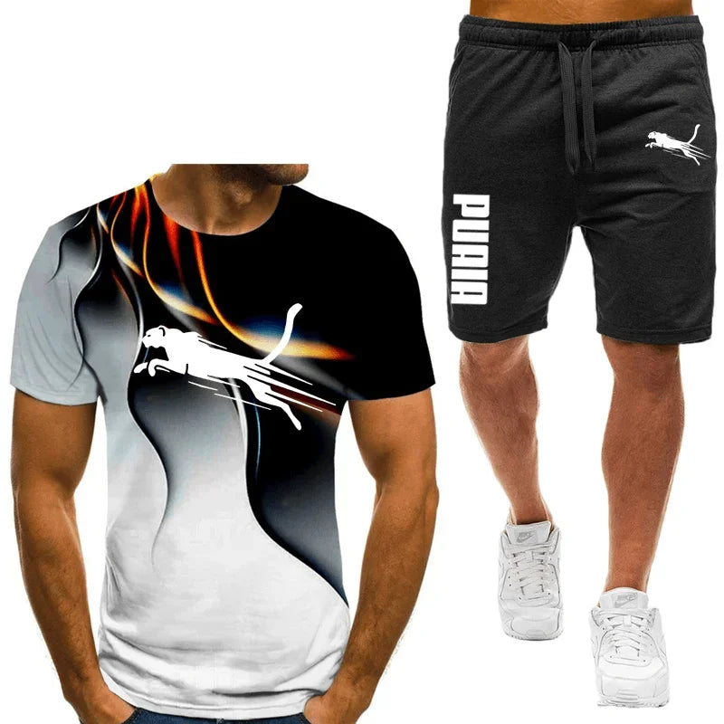Two piece animal pattern printed men's suit summer casual daily men's short sleeved T-shirt outdoor street men's sports shorts