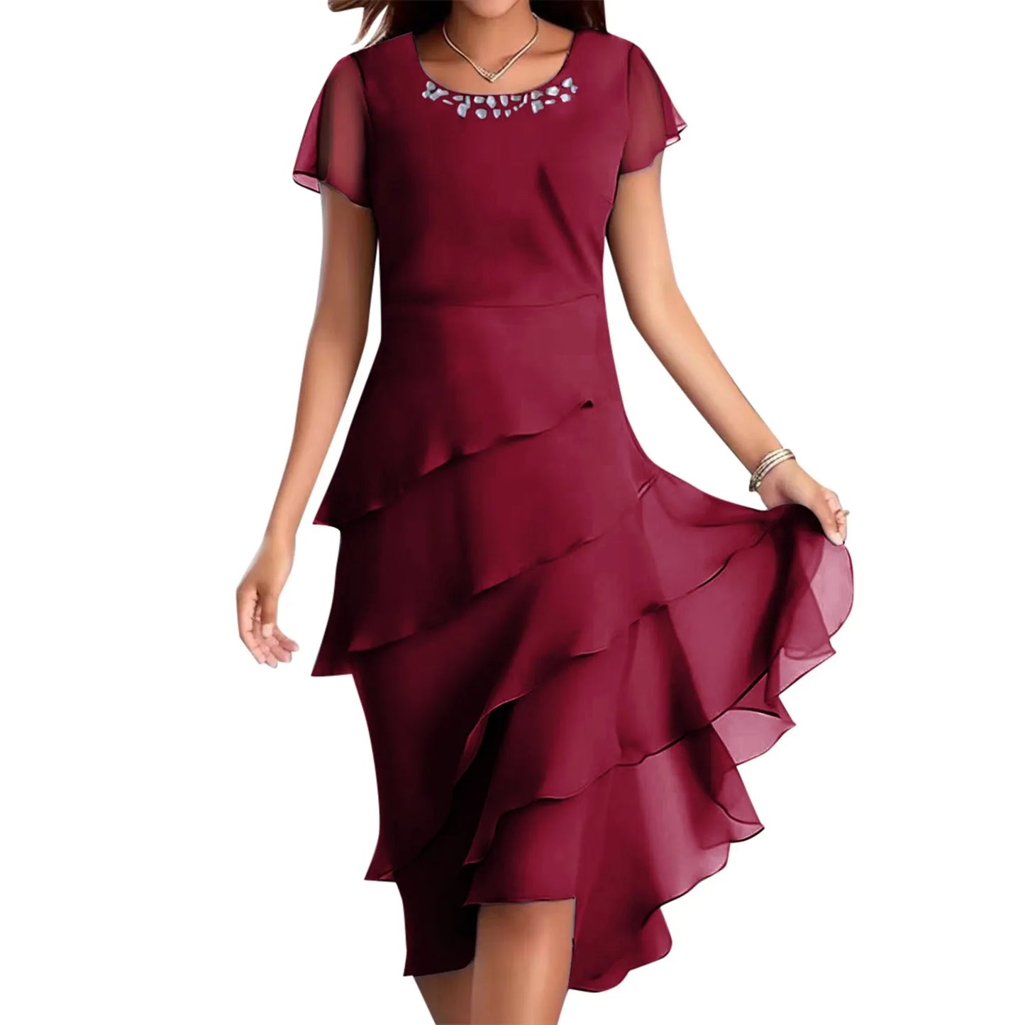 Women's Summer Elegant Solid Color Ruffles Pleated Party Dress Fashion Diamonds Patchwork O-neck Swing Hem Evening Prom Dress