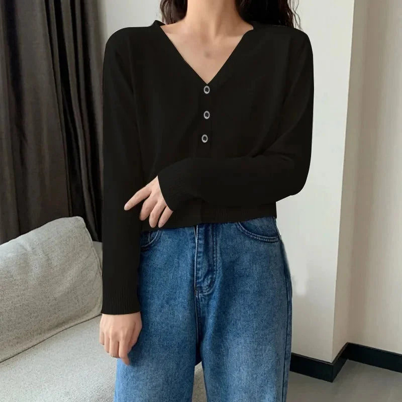 Women's Long Sleeve Cropped Cardigan V Neck Button Down Knit Single-breasted Cardigan Sweaters