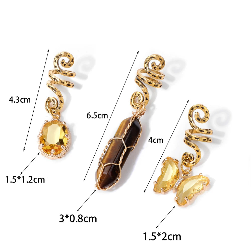3pcs/set Crystal Hair Jewelry For Women Hexagonal Column Butterfly Charm Dreadlock Headwear Dangle Dreadlock Hair Accessories