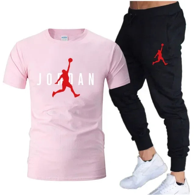 Summer Men's Tracksuit Suit Brand Short Sleeve T-Shirt + Trousers 2-Piece Sets Fitness Jogging Sports Pants Sportswear Suit