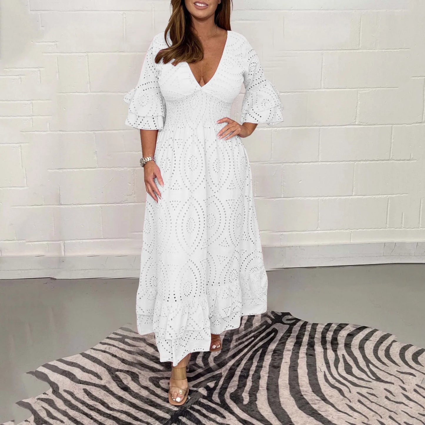 Women's Elegant V-neck  Hollow Out  Long Dress Summer  Casual Flare Sleeve  Dress