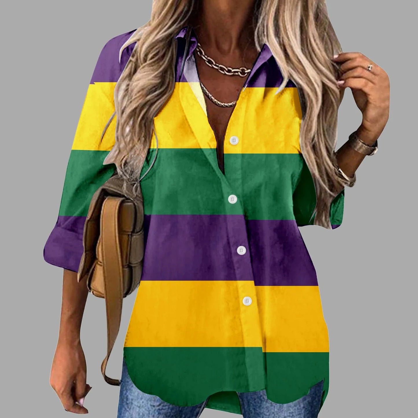 Mardi Gras Women V Neck Shirts Button Long Sleeve Carnival Print Tops Female Blouses Loose