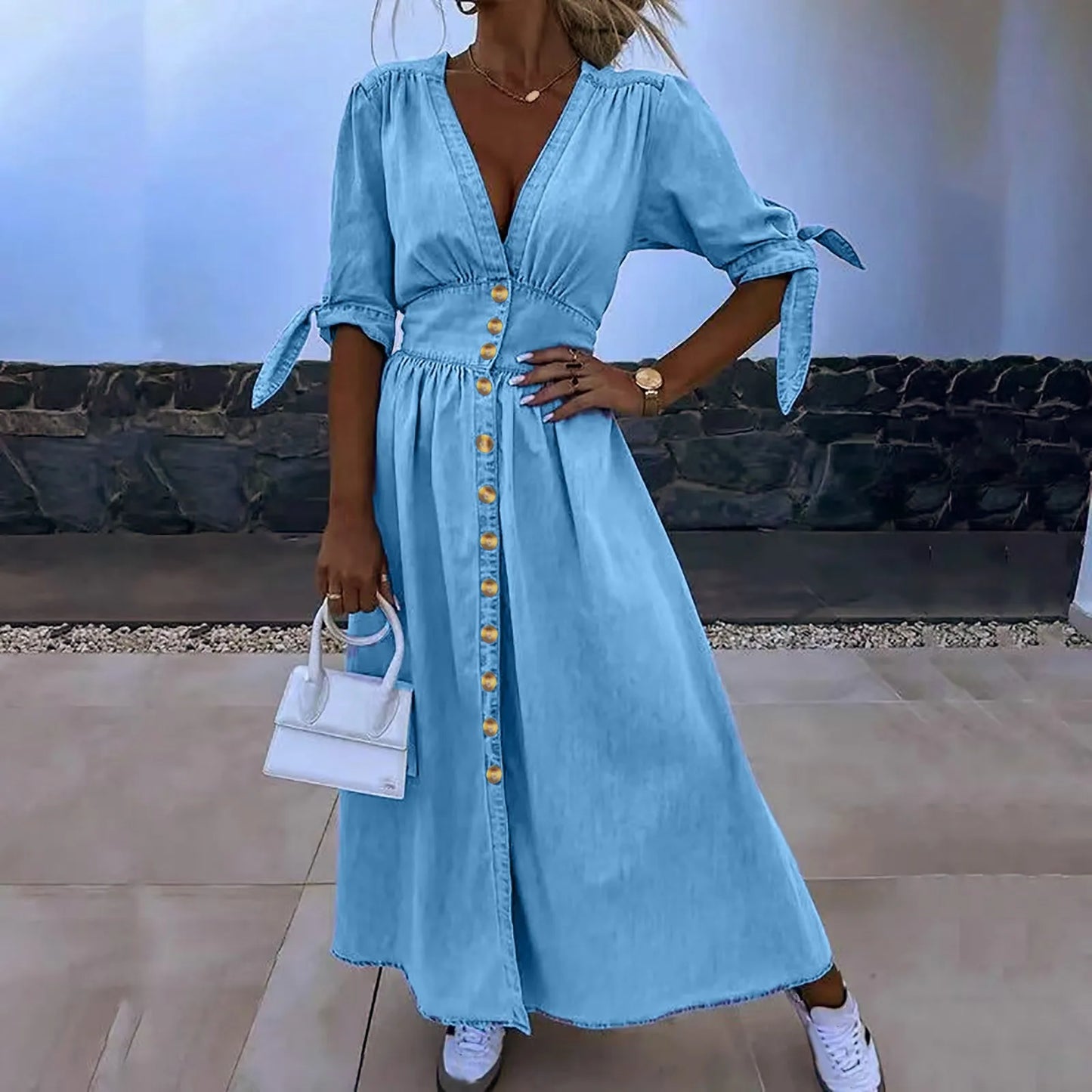Spring Autumn Chic Bowknot Lace Up Short Sleeve Daily Beach Dresses Fashion Elegant Imitation Denim Shirt Dress for Women