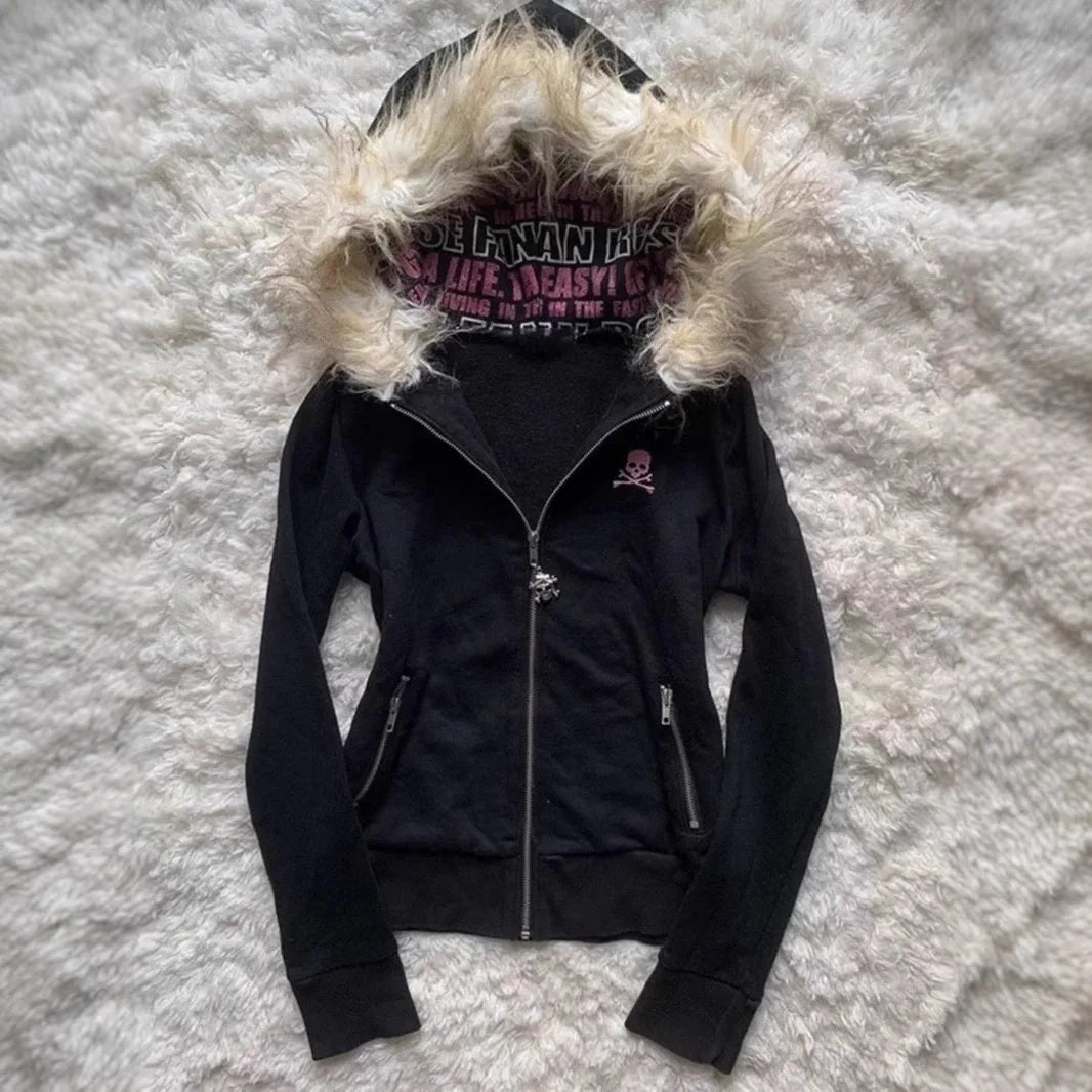 Designed fur collar long-sleeved hooded sweatshirt jacket  retro casual loose cardigan