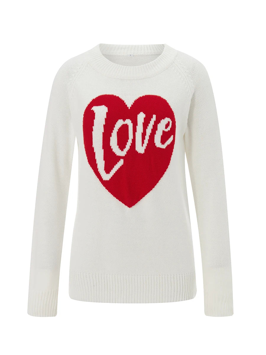 Women s Valentine s Day Heart Patterned Knit Pullover Sweater with Round Neck and Long Sleeves Cozy Loose Fit Casual
