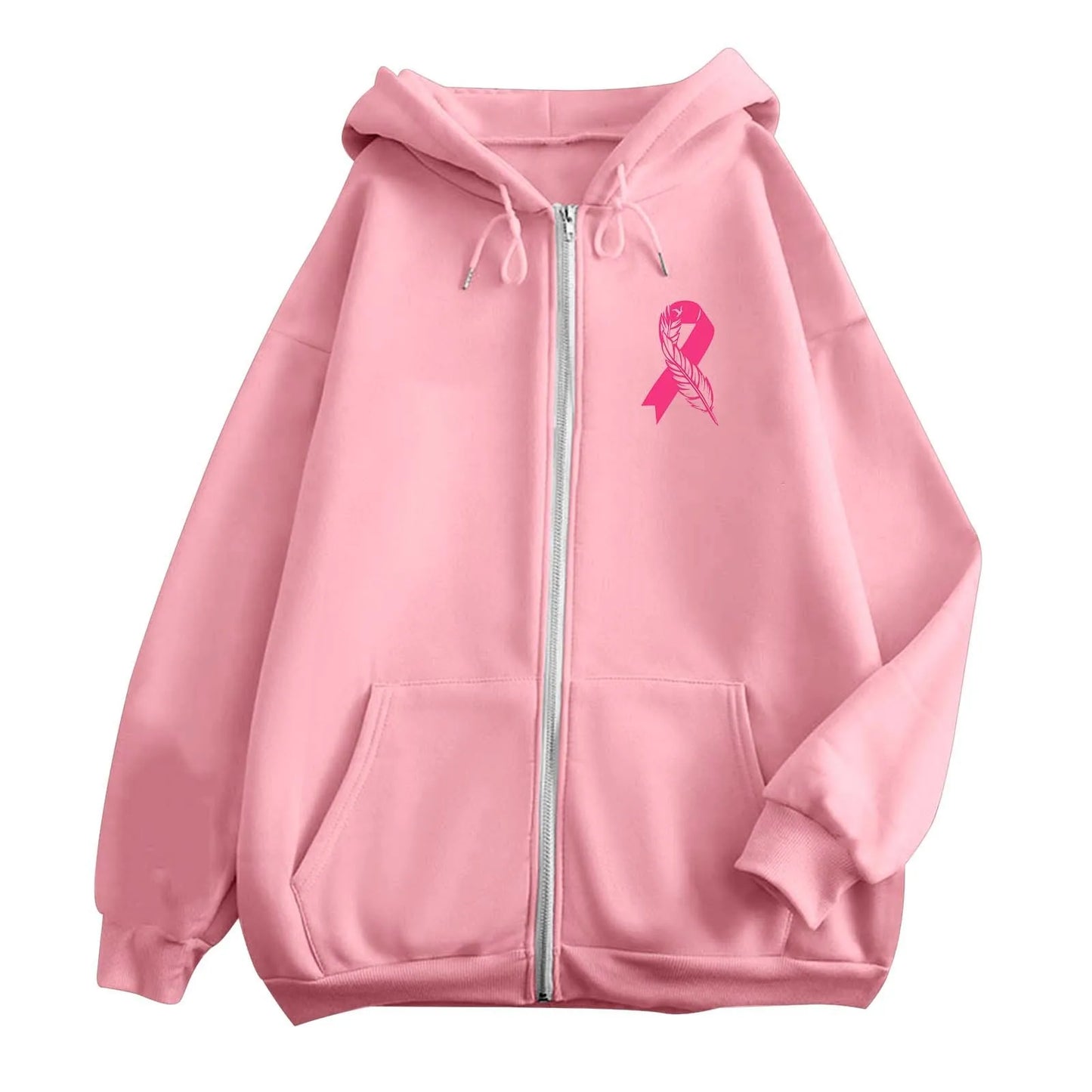 Women's Pink October Hoodies Breast Cancer Awareness Ribbon Feather Print Zipper Sweatshirts Long Sleeve Women Hoodies