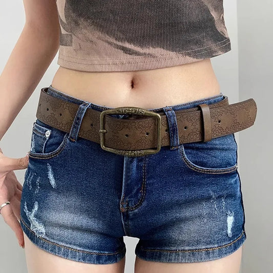 1pc Brown Floral Embossed Belt, Vintage American Style, Casual Ethnic Artisan Leather Belts
