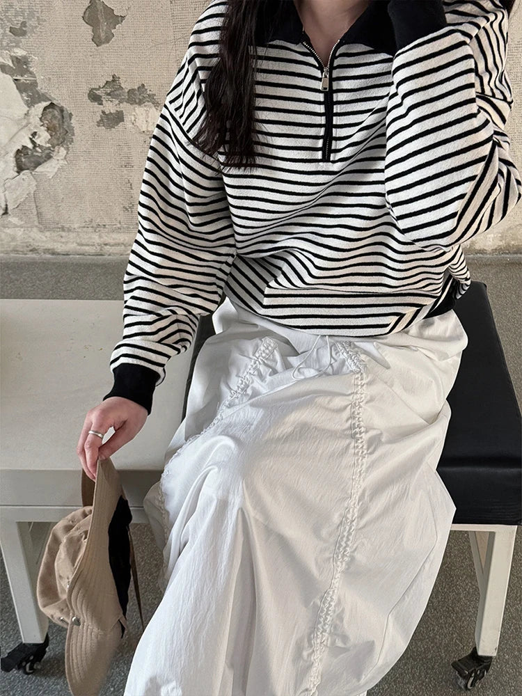 Elastic Waist Drawstring Army Green Color Loose A Line Skirt