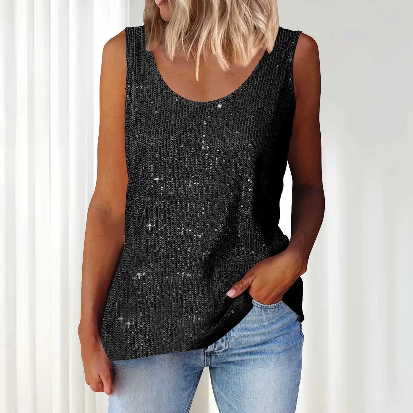 Sequin Women Summer Tank Top Fashion Round Neck Sleeveless Tanks Tops Women Blouses