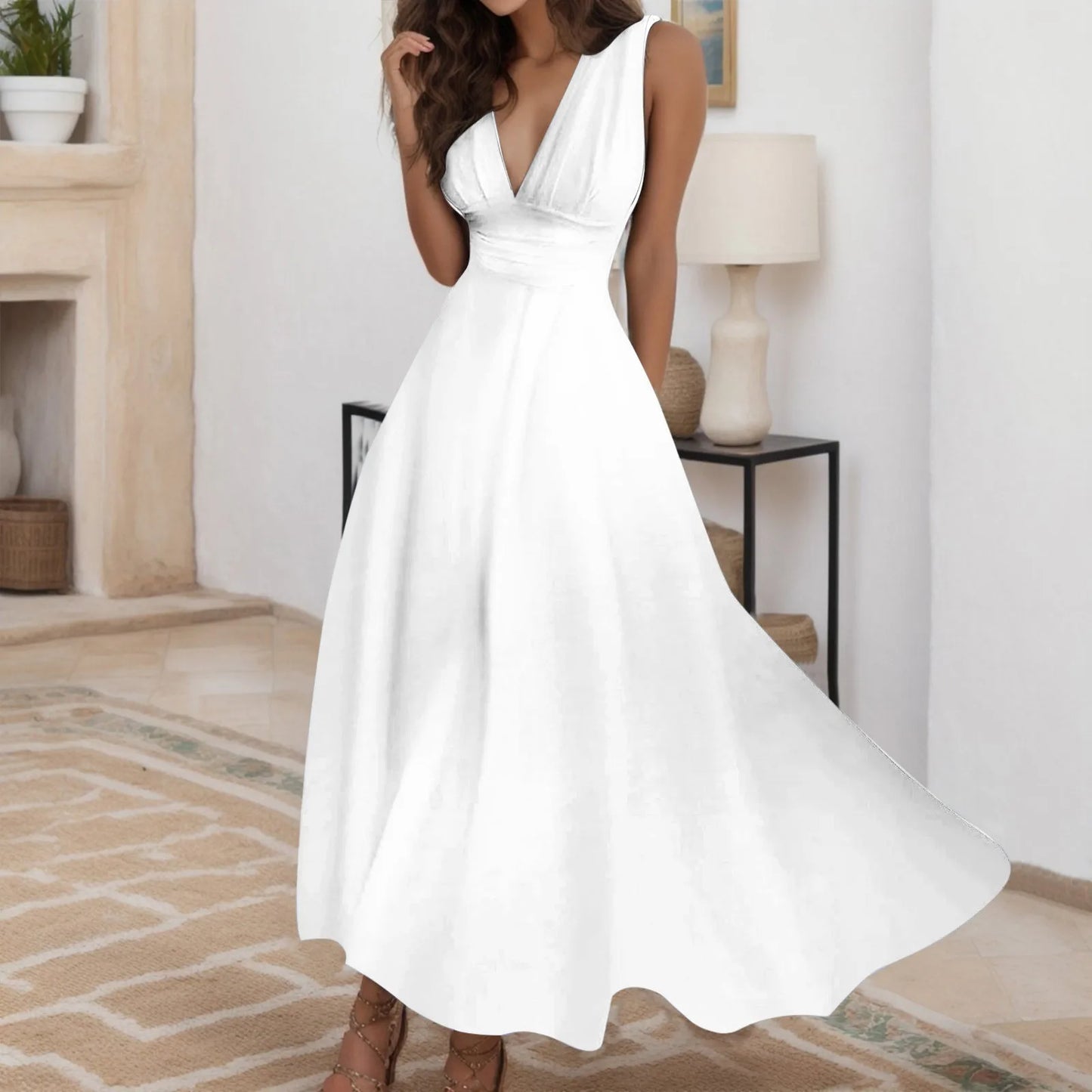 Women's Elegant A Line Sleeveless Midi Dress Casual Female V-neck Tunic Waist Swing Dress Wrap Long Dresses