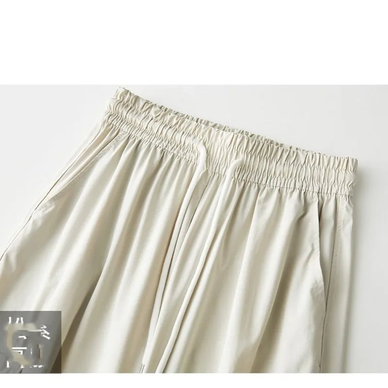 High Waist Pockets Drawstring Elastic Casual Sports Wide Leg  Trousers