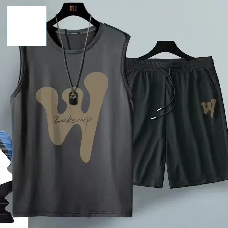 Summer Men Clothing  Breathable fashion Sportswear Basketball suit casual short-sleeved T-shirt + shorts 2-piece