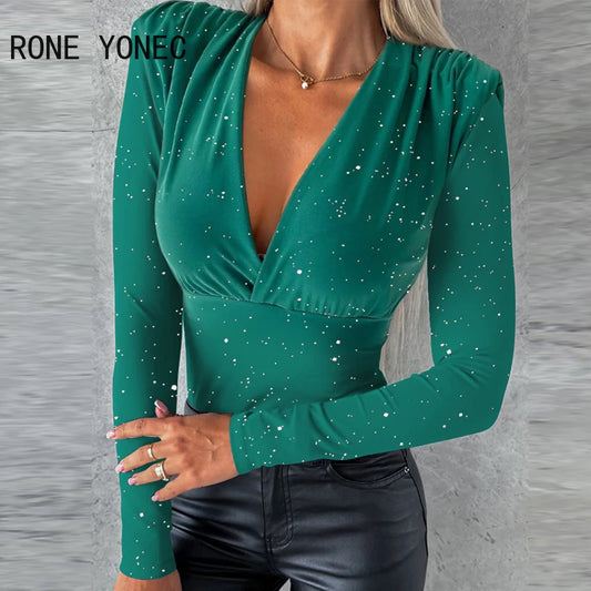 Chic Glitter Basics Deep V Neck Long Sleeves  Blouse