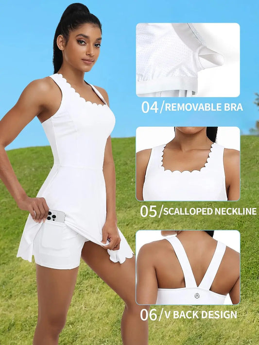 Women Tennis Dress Scalloped Neckline Removable Padded V Back Design Separate Shorts with Two Side Pockets Golf Dress